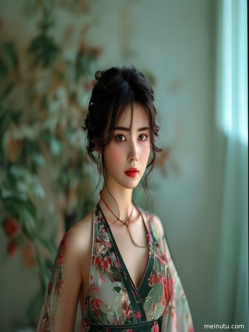 一位穿着红色丝绒旗袍的AI成年女子，气质高贵典雅，背景是中式园林。