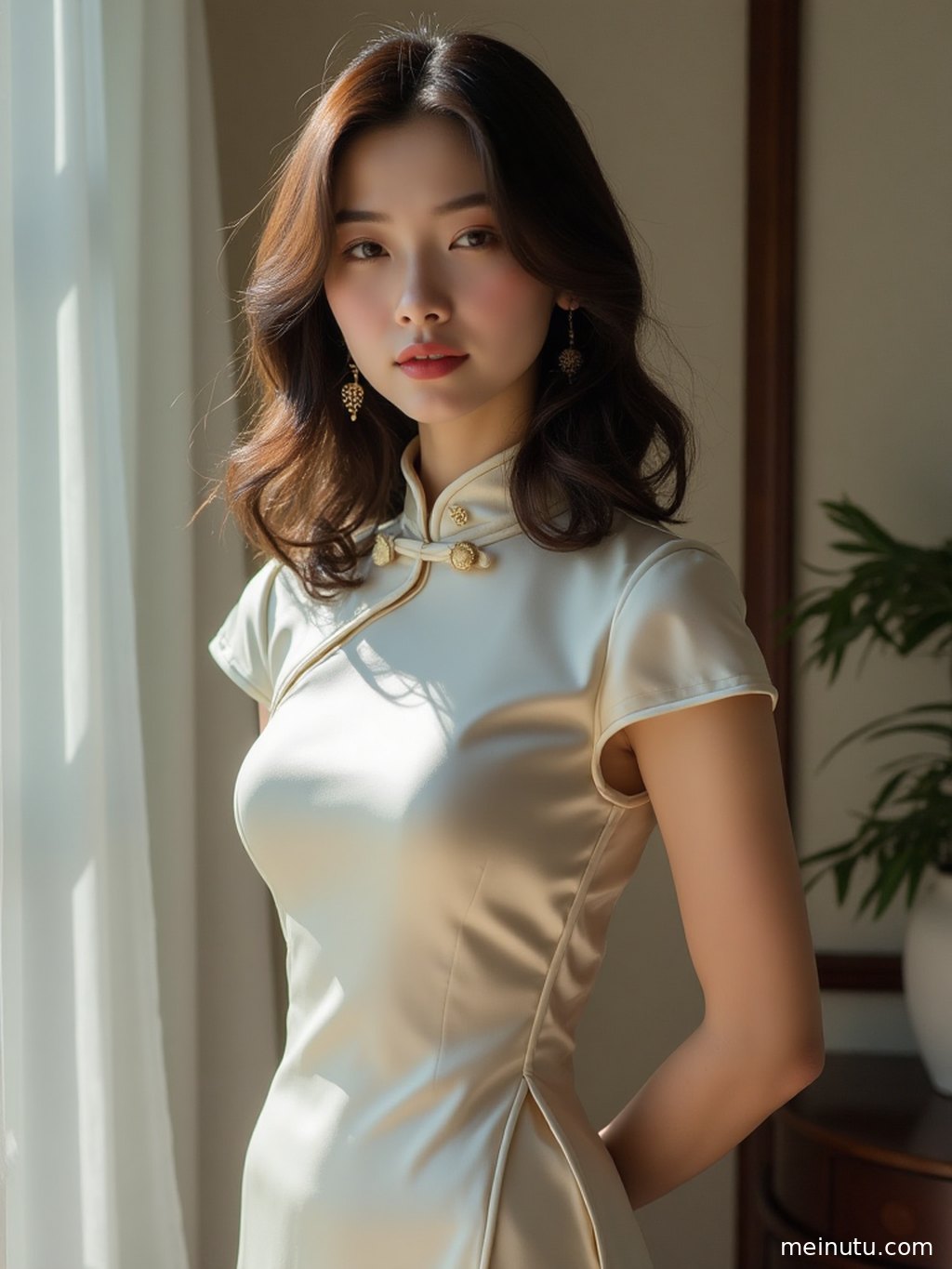 一位成年女性身着华丽丝绸旗袍，展现东方古典韵味。