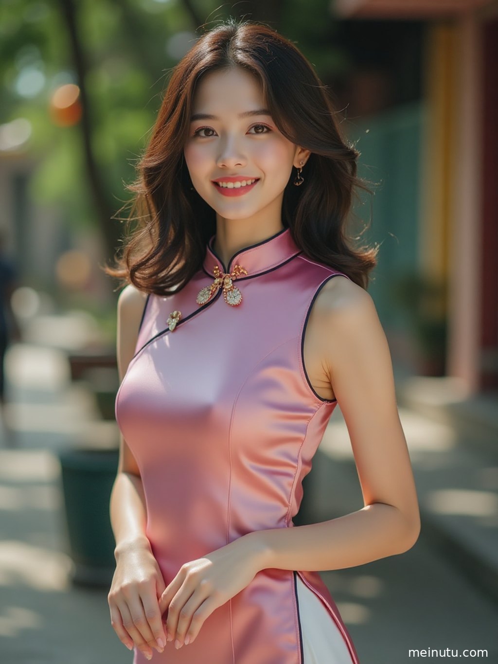 一位成年女子身着蓝色丝绸旗袍，侧身回眸，风情万种。