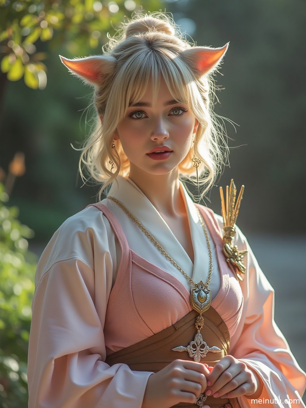 一位身着华丽服饰的AI原创成年女性Cosplay角色。