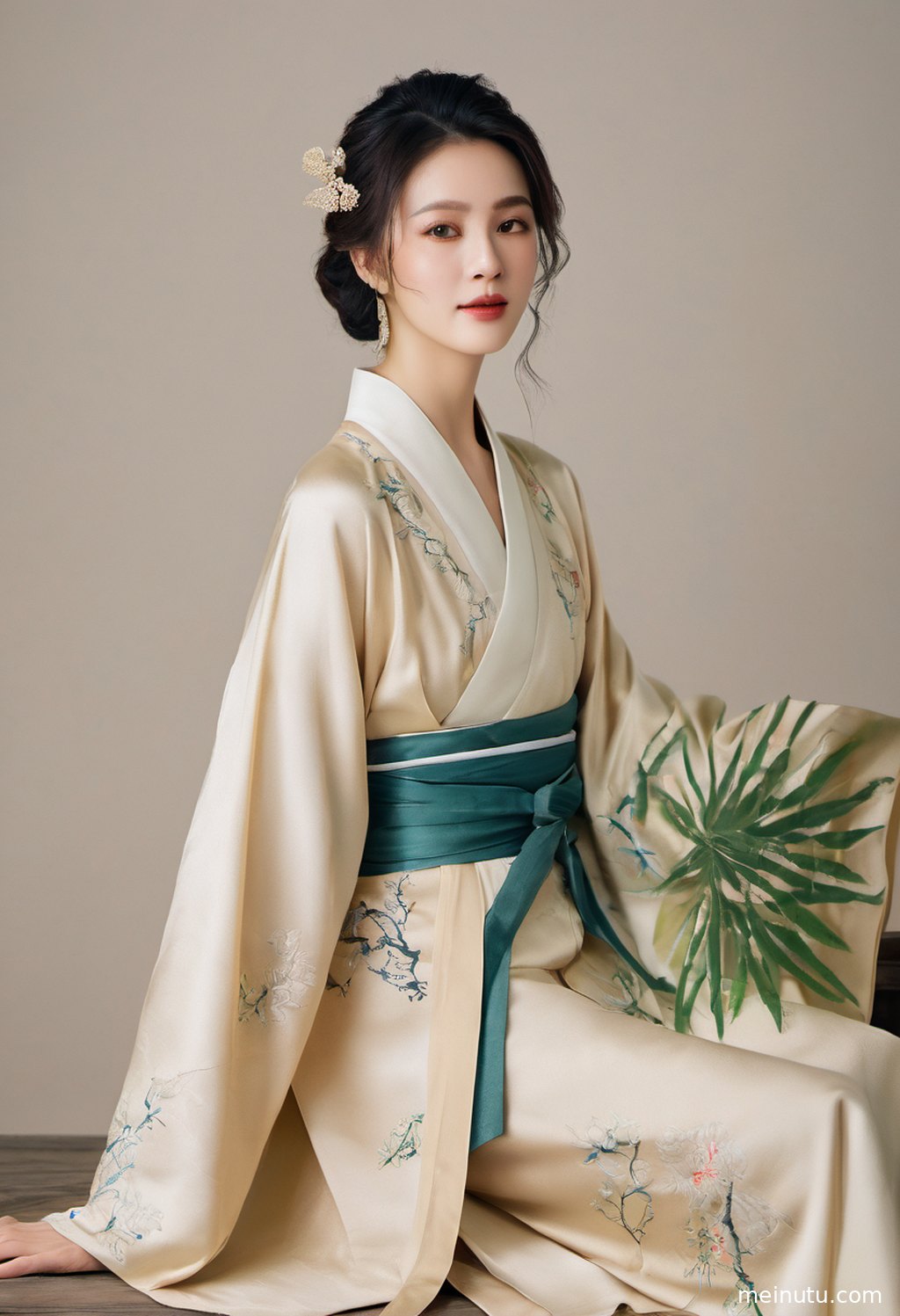 一位身着华丽唐风汉服的成年女子，侧身回眸，眼神中透露出端庄与自信。