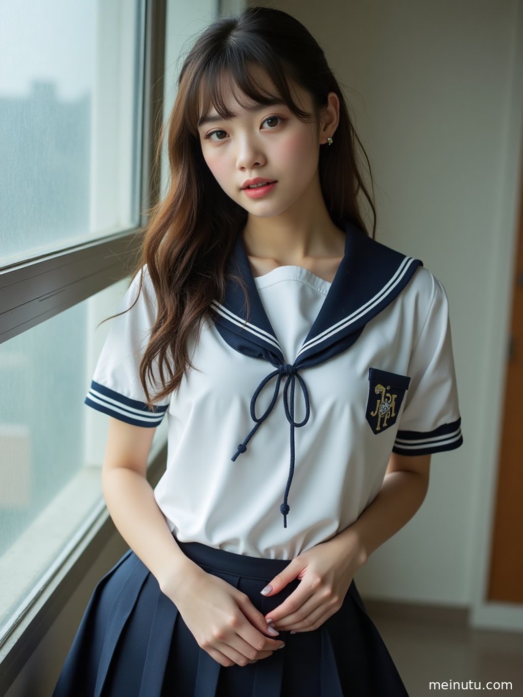 AI绘画的成年女子身着JK制服，在明亮的教室窗边回眸。