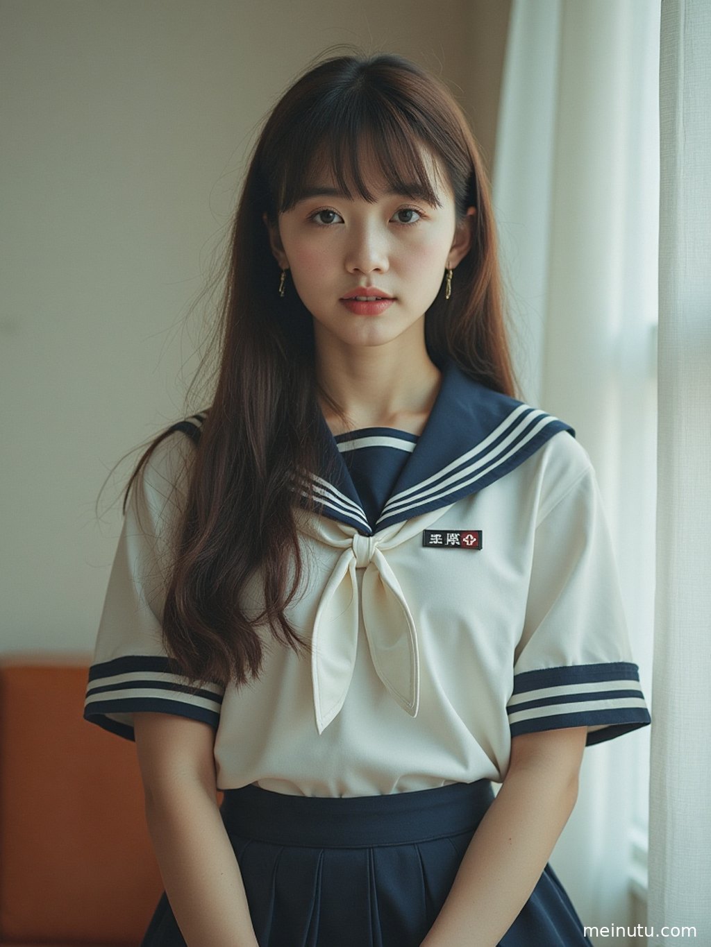 一位AI生成的成年女子身穿经典JK格子裙，在校园小径上微笑着。