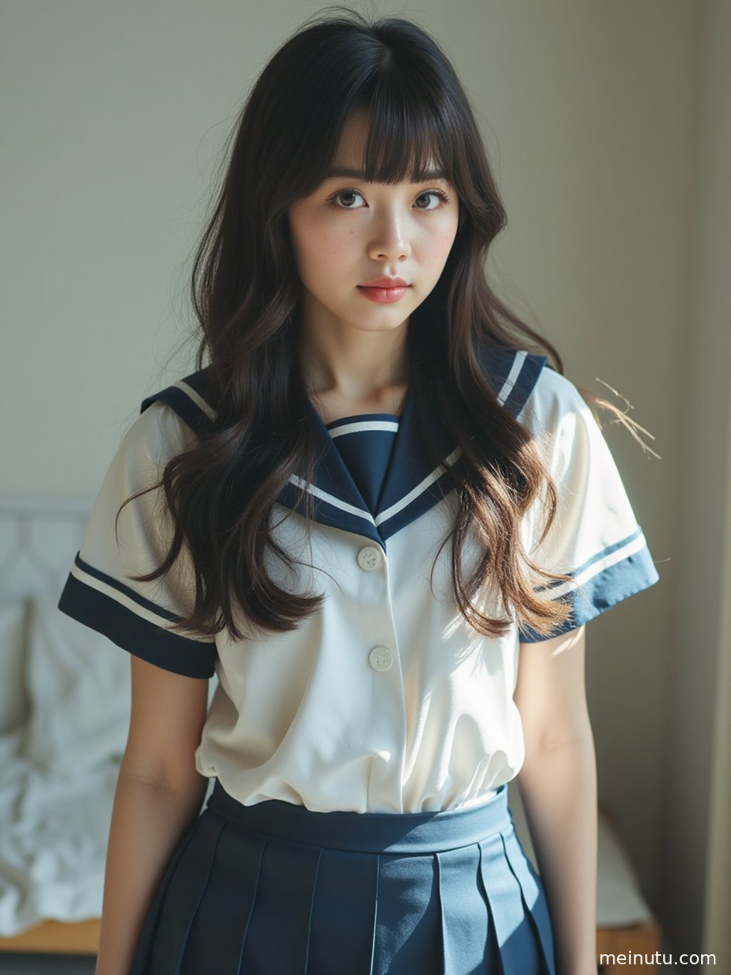 虚拟成年女子穿着蓝色JK水手服，在操场上眺望远方，充满青春气息。