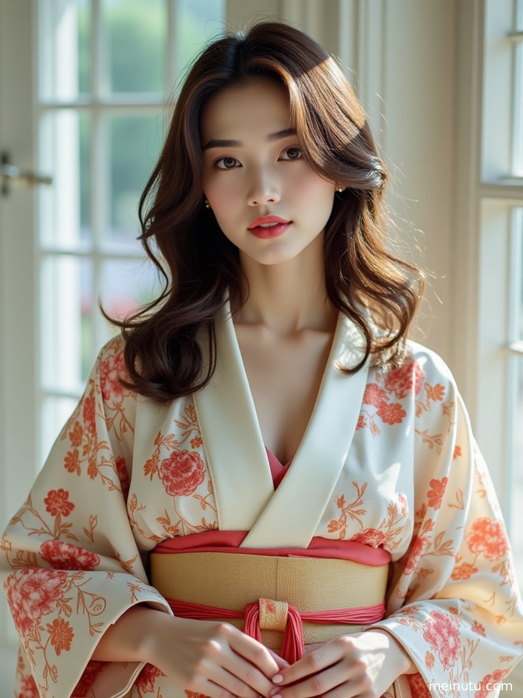 一位气质优雅的成年女子，手持团扇，漫步于铺满青苔的石板小径，周围是精心修剪的盆景。