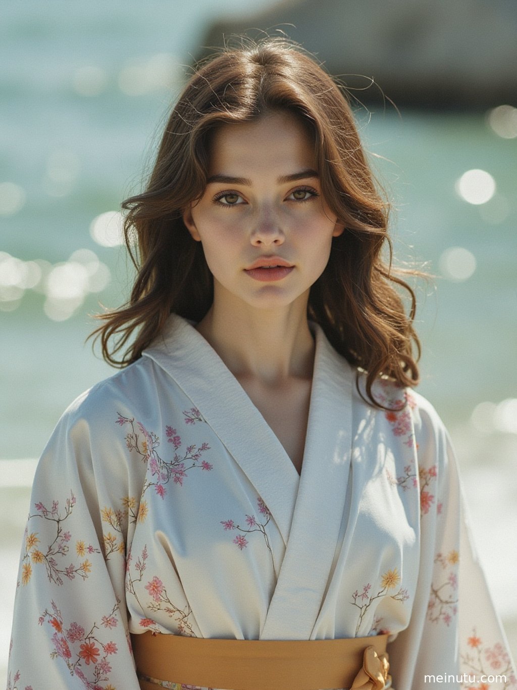 夕阳映照下的庭院，一位穿着素雅和服的成年女性，在池塘边静思，锦鲤在水中悠然游弋。